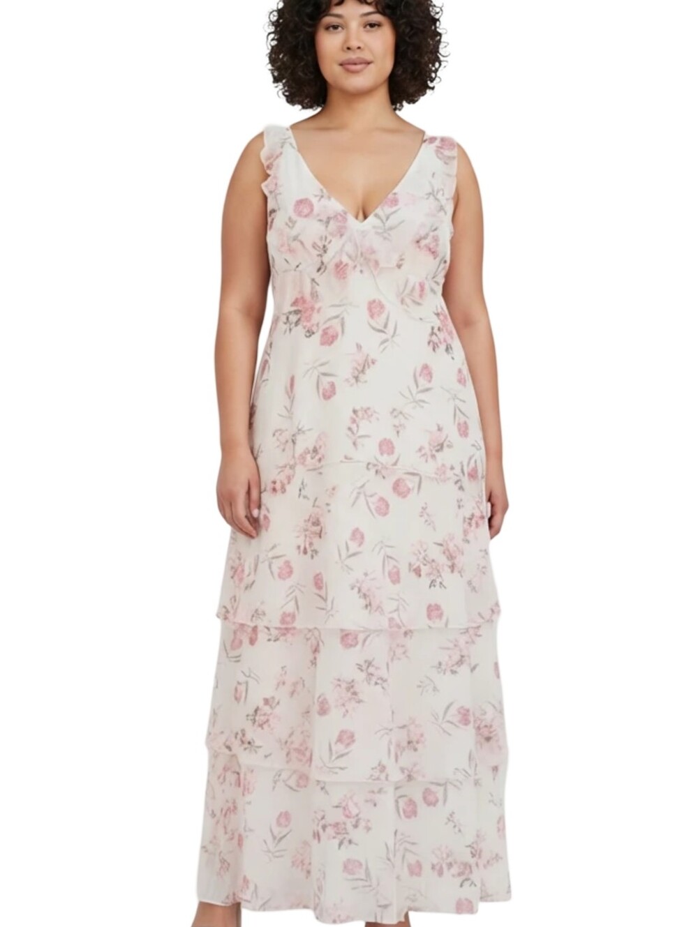Floral V-Neck Tiered Maxi Dress in Pink and  Cream Size Small